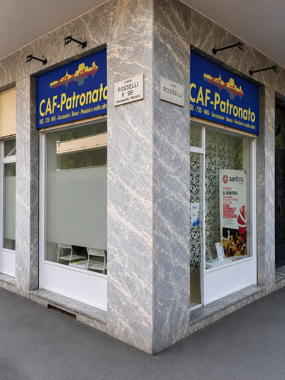Sede di L.C.L. Studio all'angolo di Corso Rosselli con insegna CAF-Patronato